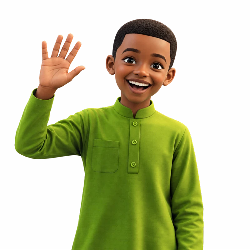 Smiling boy in a green kaftan waving